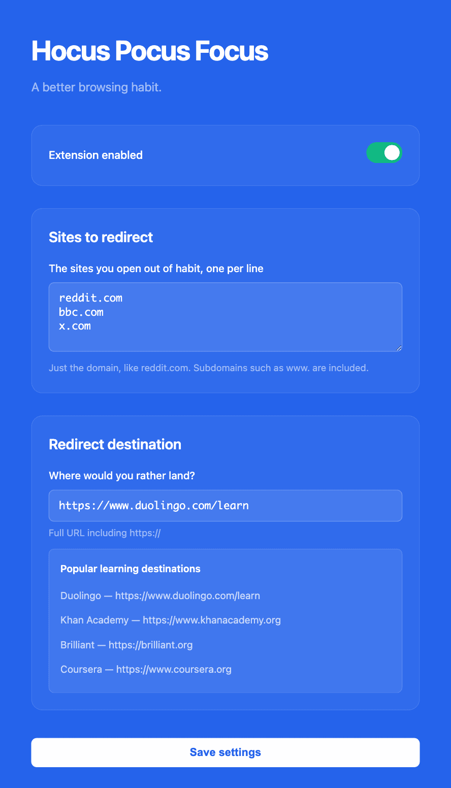 Hocus Pocus Focus settings page: sites to redirect and their destination